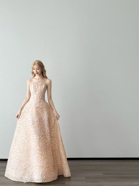 Strapless Nude Pink Ball Gown Prom Dress, Rose Beaded Embroidery Evening Gown  NV7112