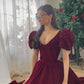 Red V Neck Velvet Back Puff Sleeves Short Sleeve Beaded A-Line Skirt Elegant Prom Dress Graduation Dress Homecoming Dress Party Dress nv2380