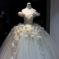 Ivory Off Shoulder Ball Gown 3D Floral Feather Beaded Tulle Wedding Dress  NV6965