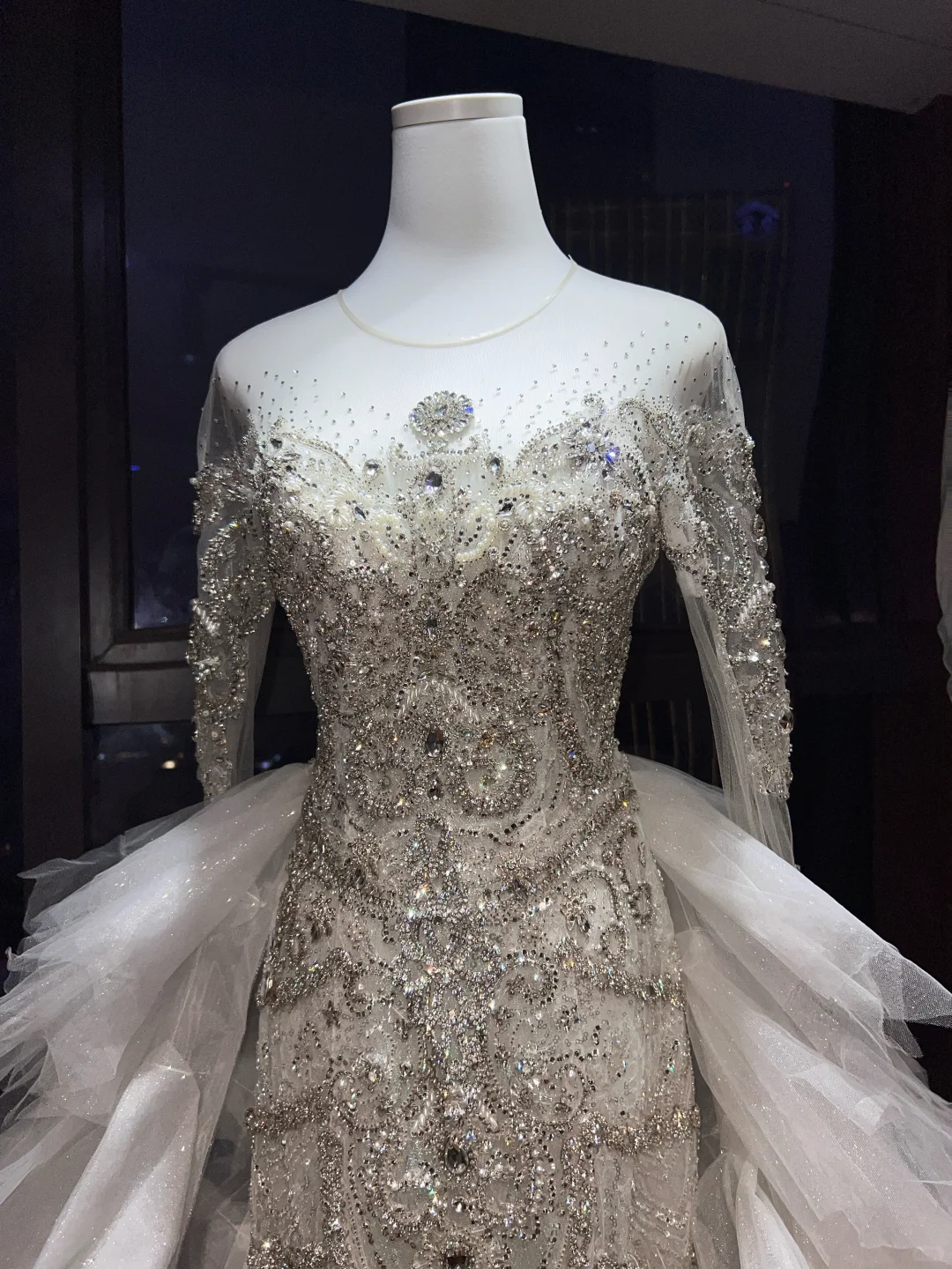 Long Sleeve Beaded Mermaid Wedding Gown, Detachable Cloud Tulle Overskirt Bridal Dress  NV7099