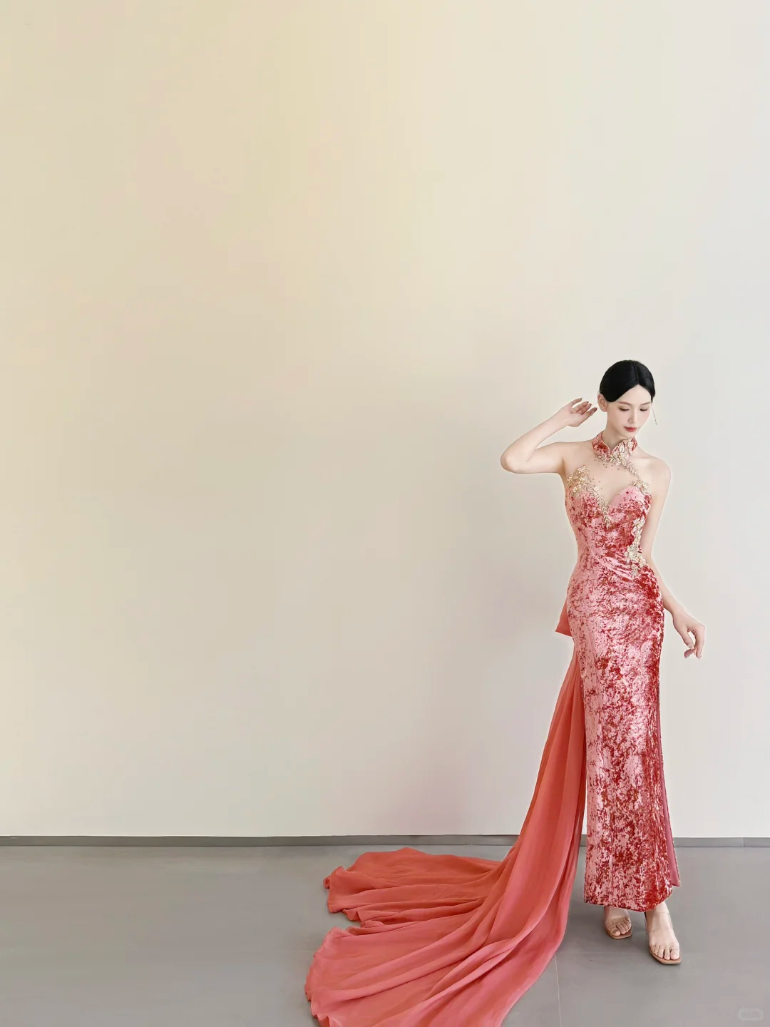 New Chinese Halter Velvet Mermaid Evening Gown High Slit Chiffon Train  NV7169