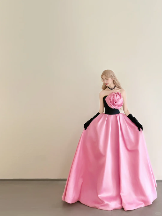 Black Pink Strapless Satin Ball Gown 3D Rose Prom Dress  NV7174