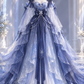 Ombre Blue Princess Prom Ball Gown, Strapless Detachable Sheer Sleeve, Snowflake Tulle Dress with Bow and Pearl Tassel  NV7448