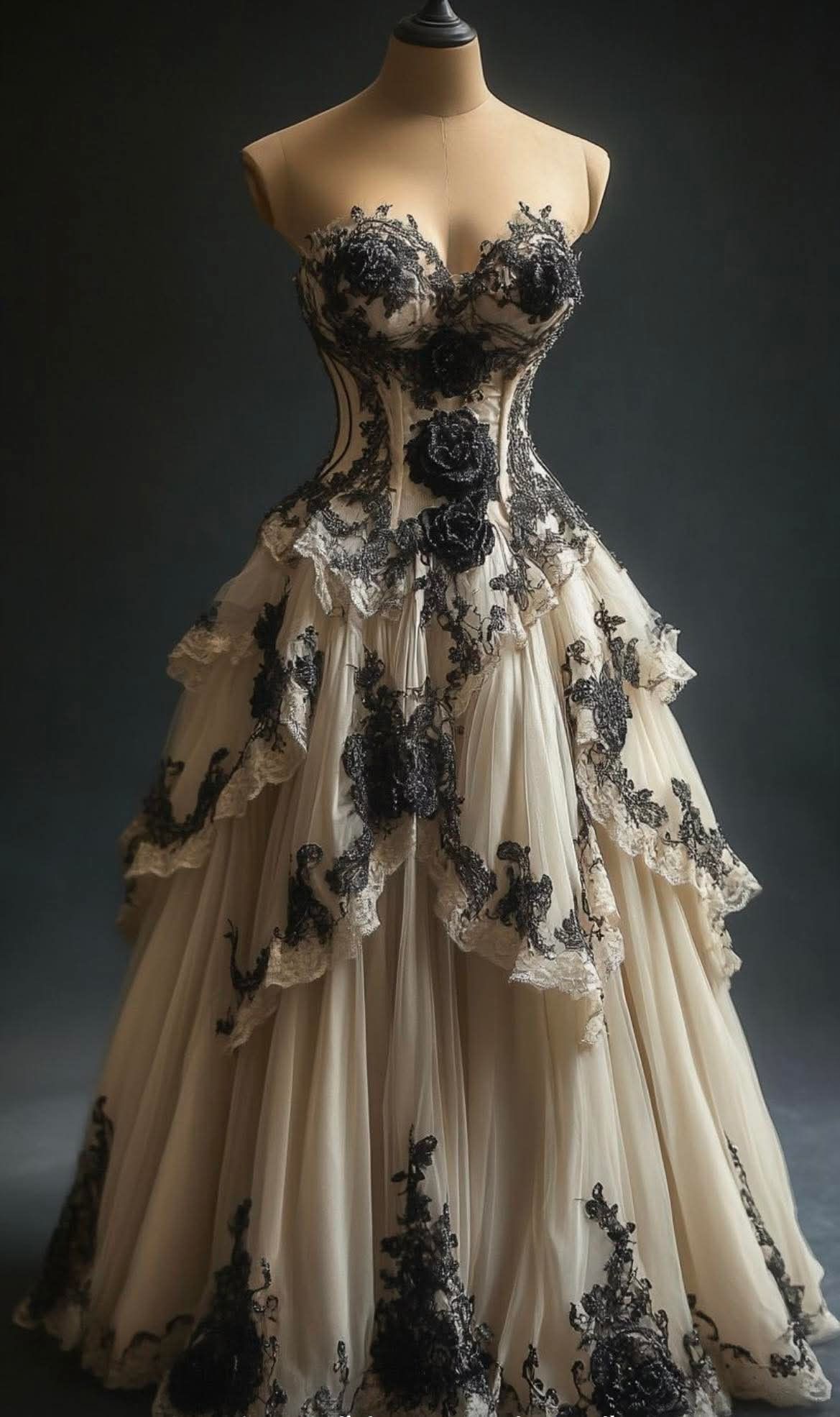 NiceVestidos-Cream-Black Contrast Tulle Strapless 3D Flower-Embellished Floor-Length Gothic Court-Style Gown NV6211