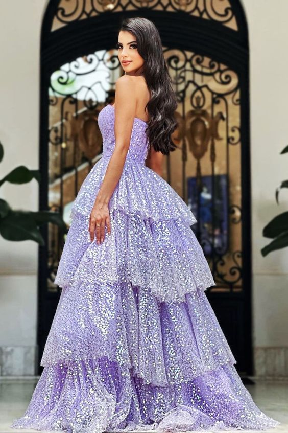 Light Purple Sparkling Tulle Sequin A-Line Long Tiered Ball Gown Evening Dress nv2651