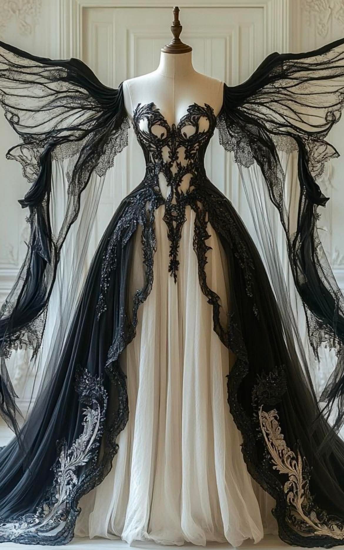NiceVestidos-Black and White Lace Tulle Paneled Butterfly Sleeve Floor-Length Gothic Gown NV6172
