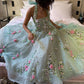 Green Gorgeous Exquisite Floral Embroidery Applique A-Line Long Tulle Prom Gown Evening Dress Party Dress nv3439