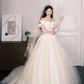 Off Shoulder Lace Tulle Ballgown Wedding Dress, Ivory Puff Sleeve Bridal Gown  NV7286