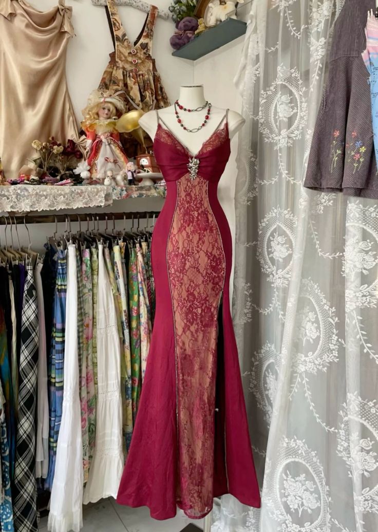 Burgundy Retro V-neck Lace Long Ball Gown Mermaid Evening Dress Party Dress nv2354