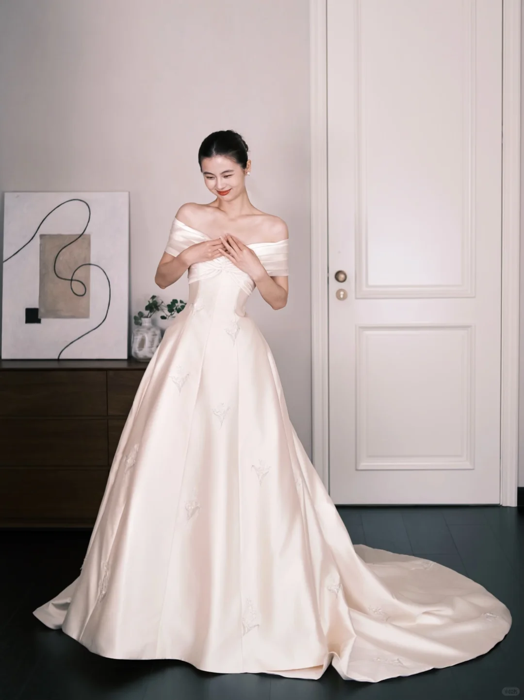 Off Shoulder Satin Ballgown Wedding Dress, Ivory Embroidered Bridal Gown  NV7285
