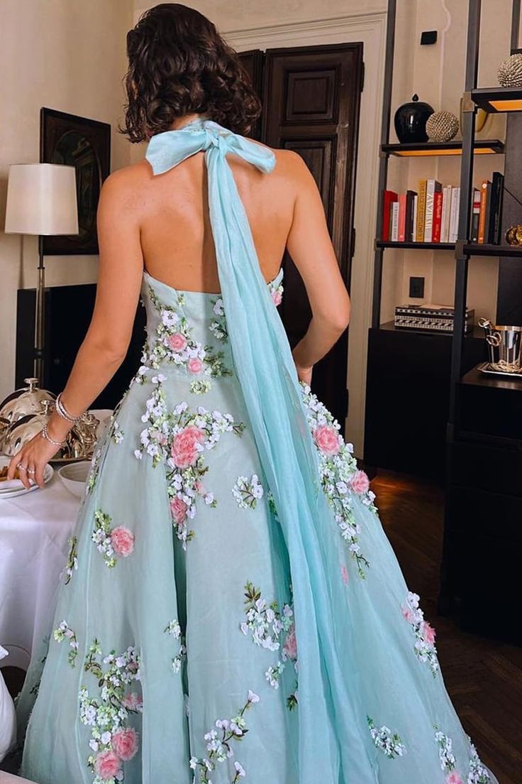 Green Gorgeous Exquisite Floral Embroidery Applique A-Line Long Tulle Prom Gown Evening Dress Party Dress nv3439