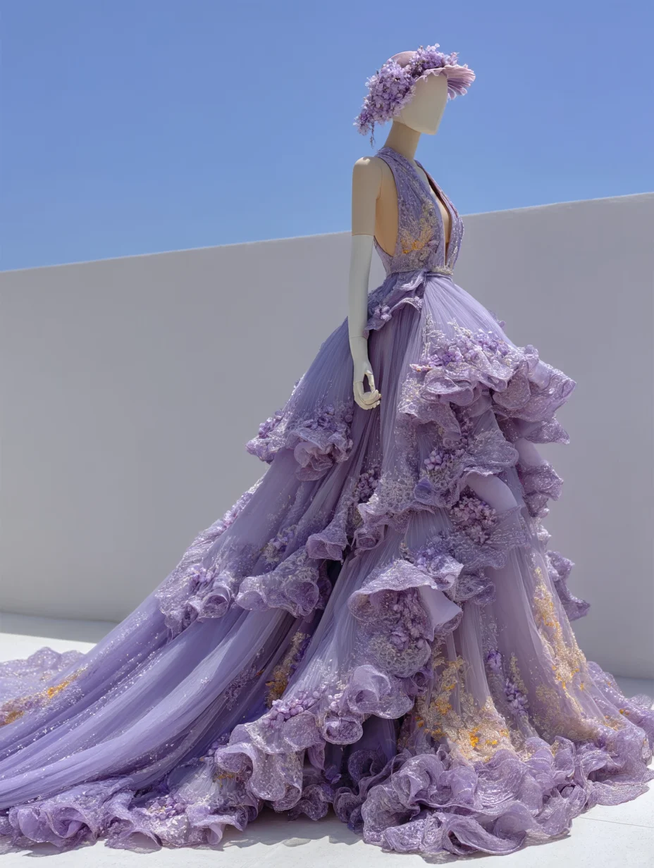 Lavender Purple Halter Fairy A-Line Gown with Cascading Ruffle & 3D Florals  NV7507