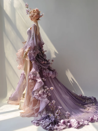 Ombre Lavender Blush Fairy Tulle Gown with Open Back and 3D Floral Appliqué  NV7504