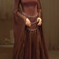 NiceVestidos--Luxurious Dark Brown Satin Chiffon Spliced Square Neck Beaded Flared Sleeve Floor Length Gown NV5755