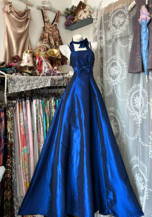 NiceVestidos--Sleeveless Dark Blue Satin A - line Floor - length Evening Dress NV5772