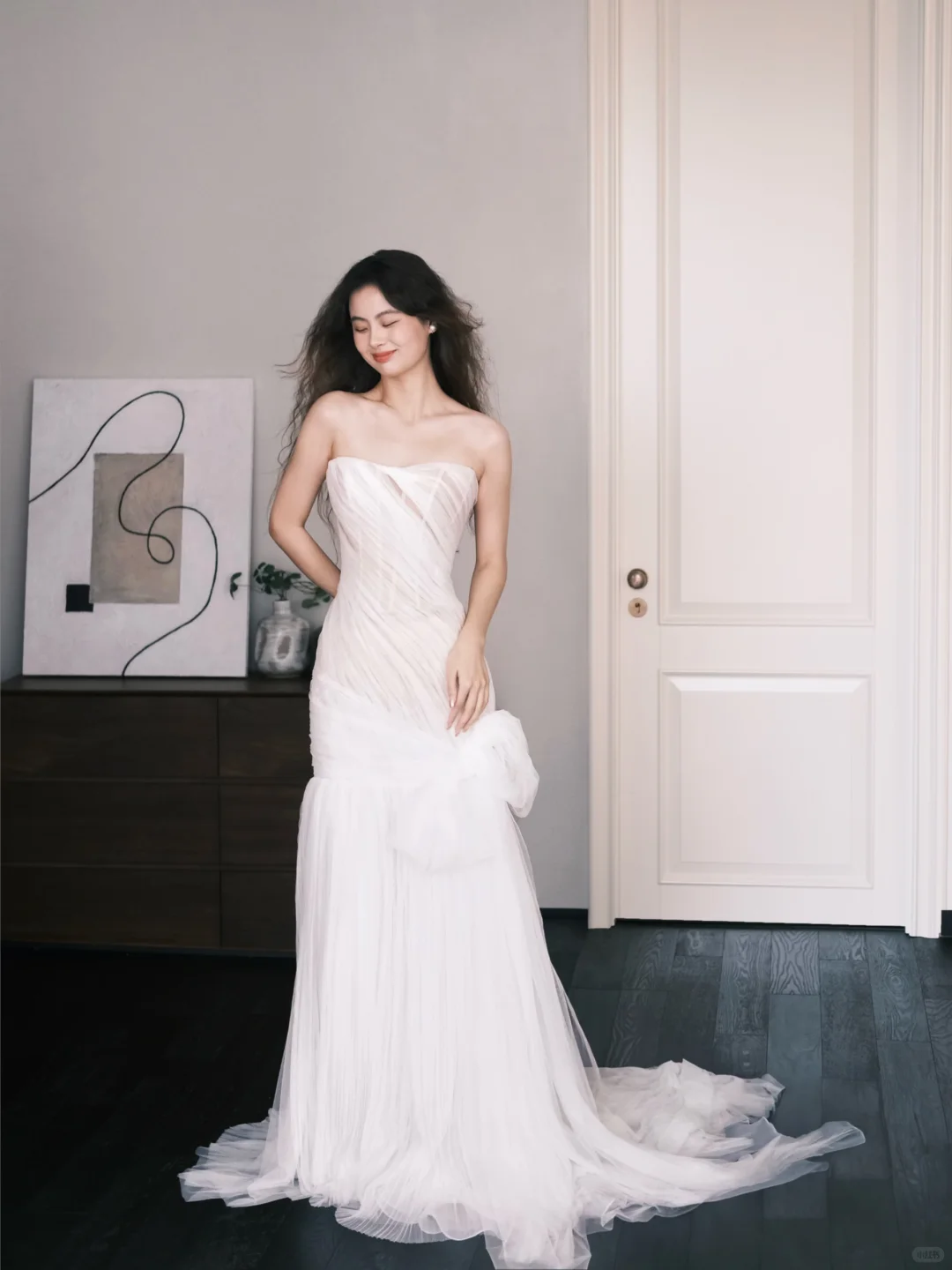Strapless Ruched Tulle Mermaid Bridal Gown with 3D Flower & Train  NV7366