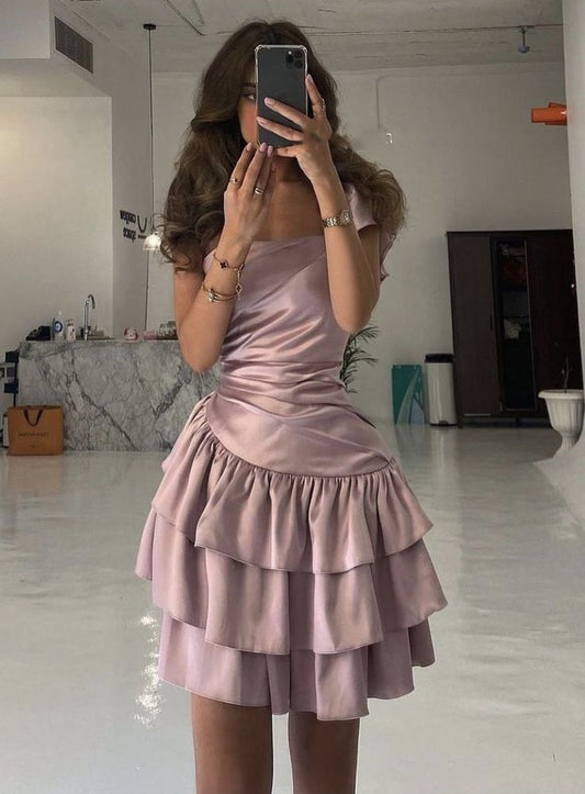 Pink A-line Off-shoulder Satin Short Homecoming Dress Birthday Dress Party Dress nv2402