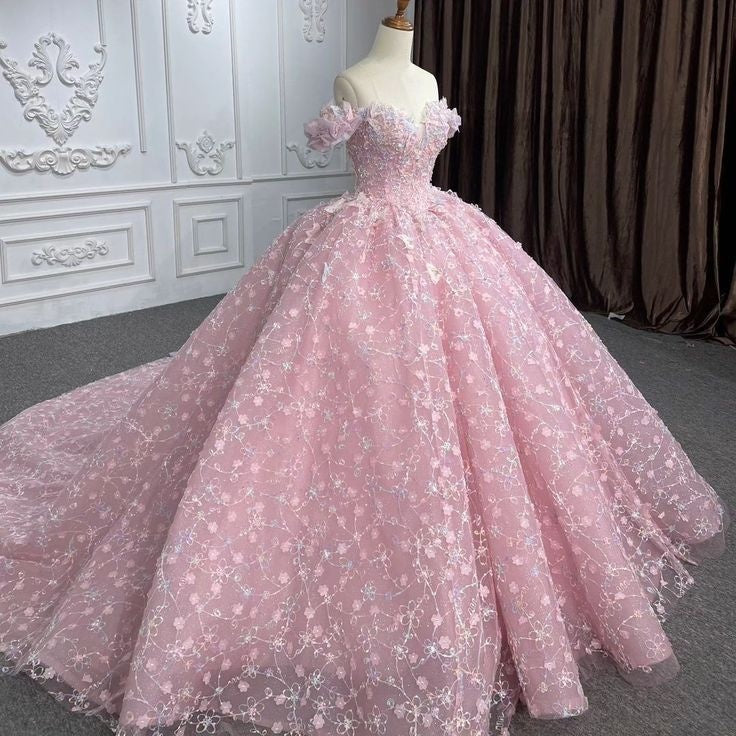 NiceVestidos-Pink Floral Long Tulle Ball Gown NV6125