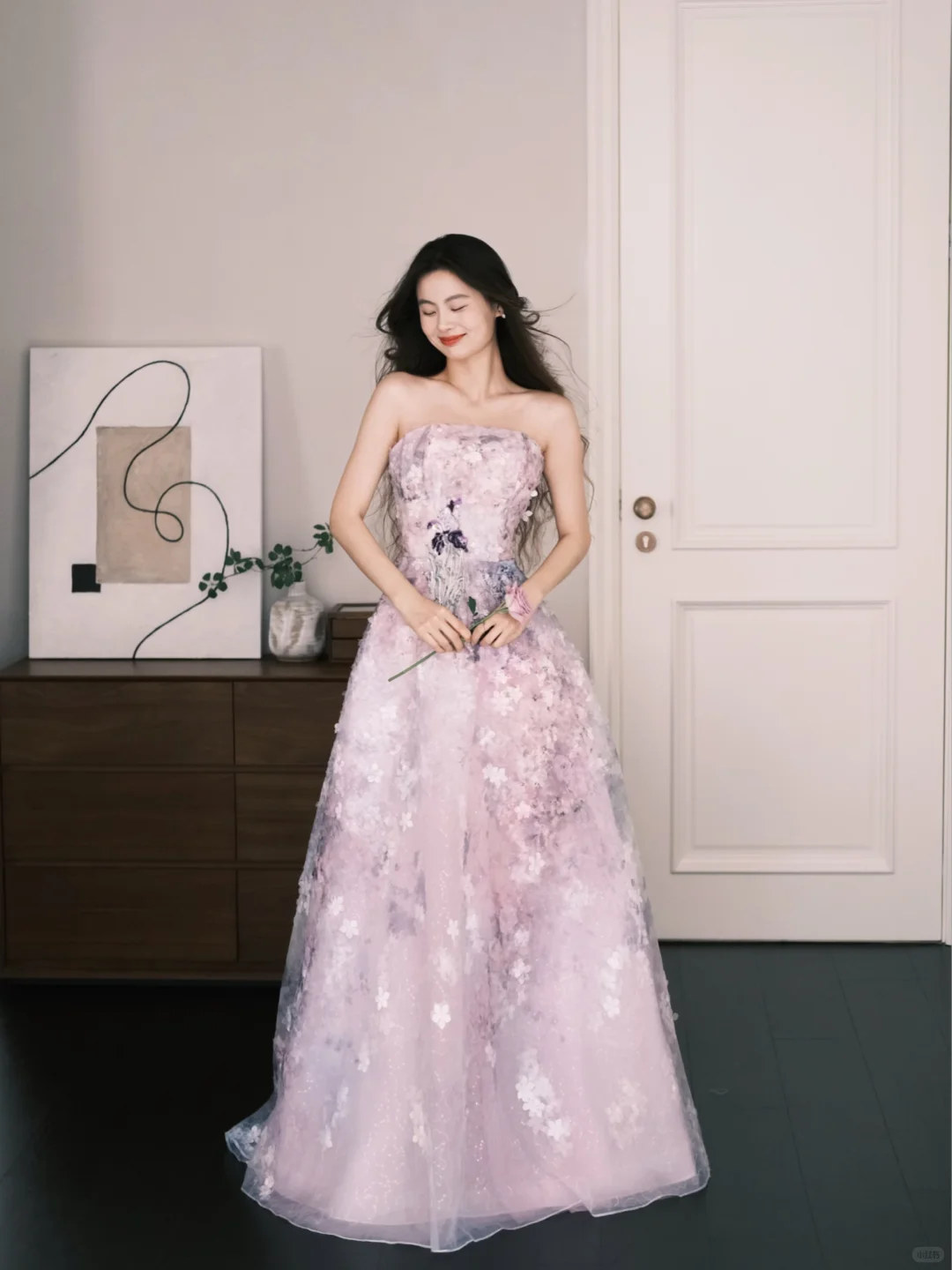 Pink Purple Ombre Strapless 3D Floral Prom Dress  NV7225