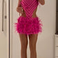 Pink Shiny Fashion Strapless Short Feather Ball Gown Evening Dress Party Dress nv3503