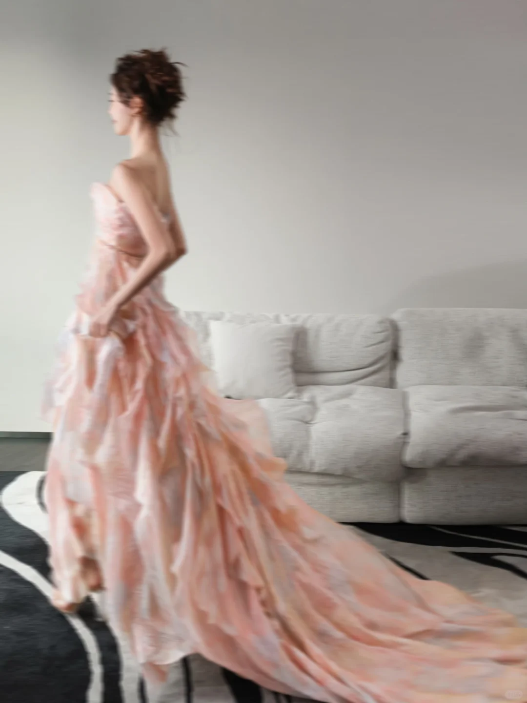 Pink Strapless Ombre Ruffle Prom Gown Watercolor Print Cutout Waist  NV7184