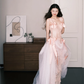 Blush Pink Polka Dot Tulle Lace Formal Dress Spaghetti Strap Bow Gown  NV7259