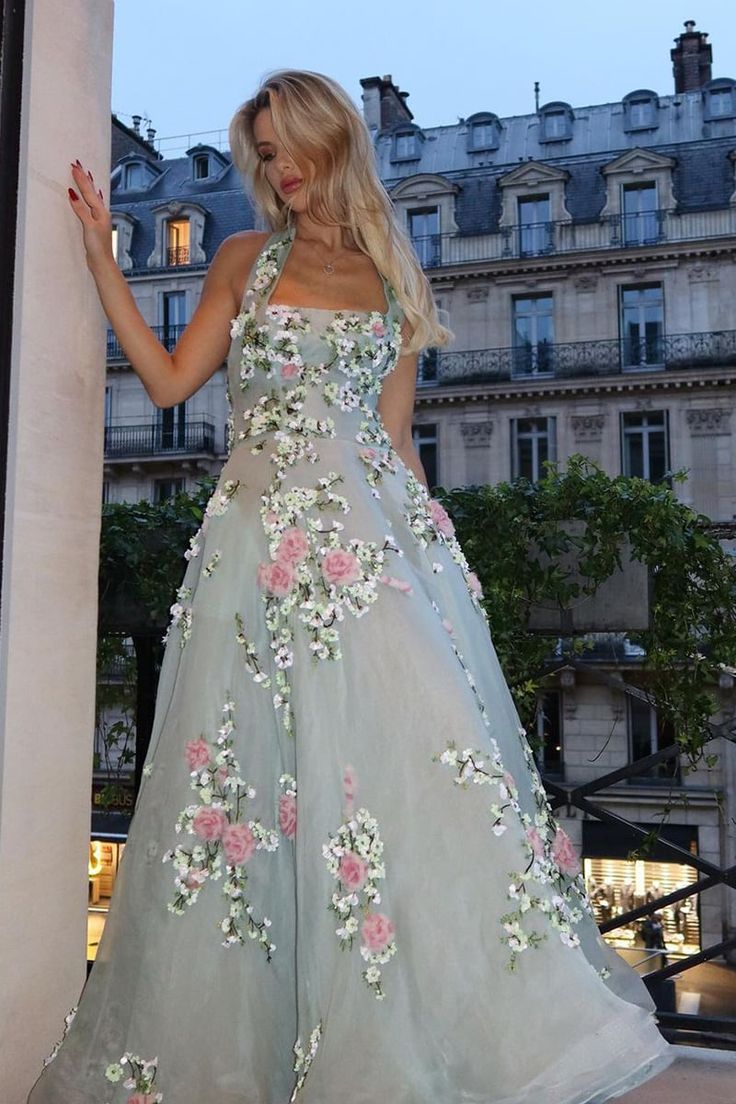 Green Gorgeous Exquisite Floral Embroidery Applique A-Line Long Tulle Prom Gown Evening Dress Party Dress nv3439