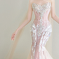 Light Pink Strapless Mermaid Prom Gown Beaded Sequin 3D Petal Tulle Cape  NV7179