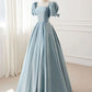 Blue sweet elegant satin A-line short sleeves bow puff sleeves simple floor-length ball gown evening dress party dress nv2565