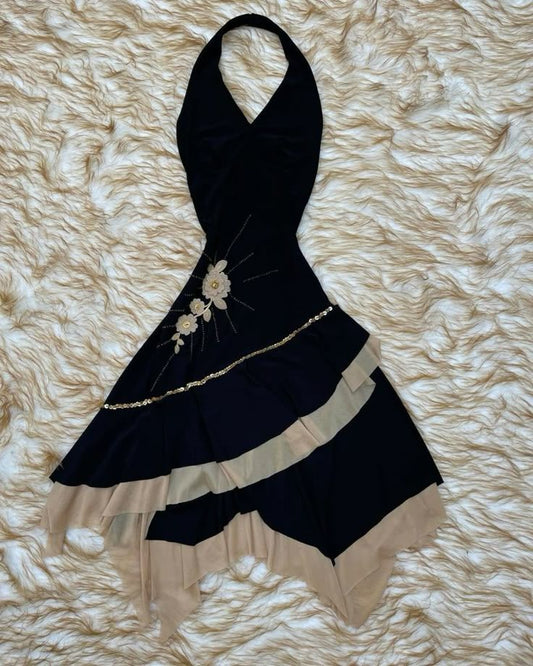 NiceVestidos-_Vintage Black-Brown Contrast Halter Neck 3D Floral Rhinestone-Embellished Asymmetric Short Party Dress NV5929