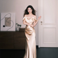 Off Shoulder Draped Satin Mermaid Evening Dress, Champagne Gold Formal Gown  NV7357