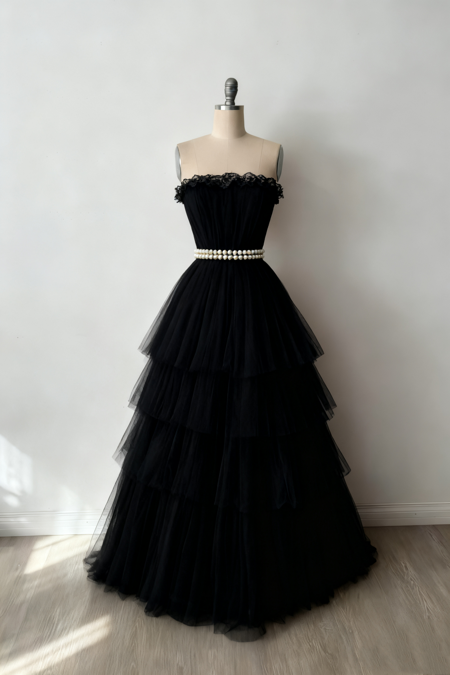 (Exclusive Original Design Dress)Sleeveless Ivory Tulle Gown | Fairy Luxury Lace Pearl Belt Tiered Ball Dress for Gala Gathering NV6305