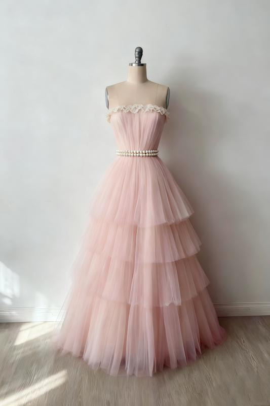 (Exclusive Original Design Dress)Sleeveless Ivory Tulle Gown | Fairy Luxury Lace Pearl Belt Tiered Ball Dress for Gala Gathering NV6305