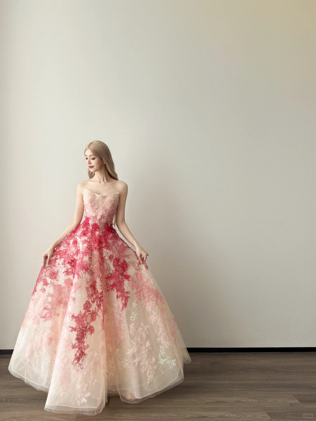 Strapless Pink Red Ombre Tulle Ball Gown 3D Floral Prom Dress  NV7129