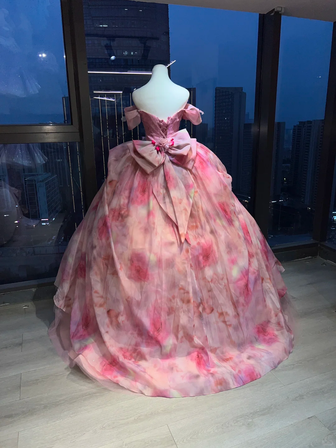 Pink Floral Print Off Shoulder Princess Evening Gown 3D Flowers Lace Boned Voluminous Ruffled Organza Skirt Long Prom Dress  NV7022