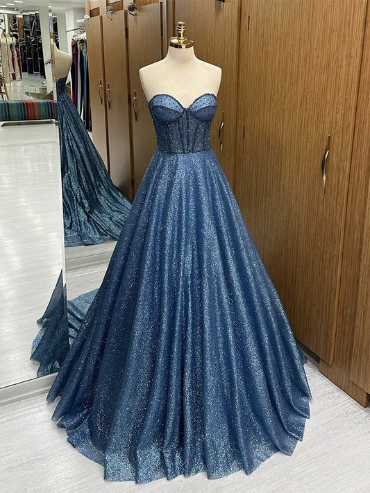 A-Line Sweetheart Neck Tulle Beads Blue Long Prom Dress, Blue Long Formal Dress nv1499