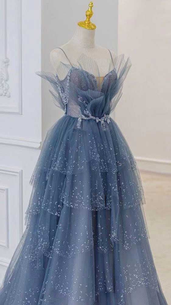 Blue gorgeous shiny elegant applique long tulle ball gown evening gown graduation dress nv55