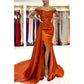 Elegant Off Shoulder Side Slit Mermaid Burnt Orange Satin Long Bridesmaid Dresses  nv1677