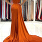 Elegant Off Shoulder Side Slit Mermaid Burnt Orange Satin Long Bridesmaid Dresses  nv1677