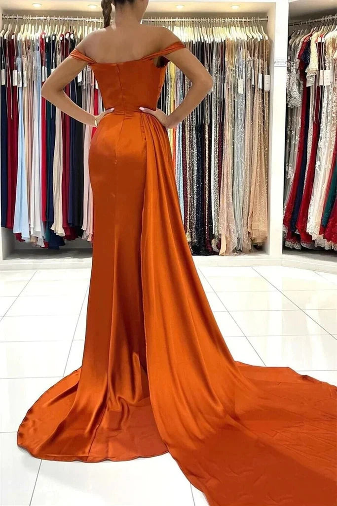 Elegant Off Shoulder Side Slit Mermaid Burnt Orange Satin Long Bridesmaid Dresses  nv1677