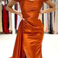 Elegant Off Shoulder Side Slit Mermaid Burnt Orange Satin Long Bridesmaid Dresses  nv1677