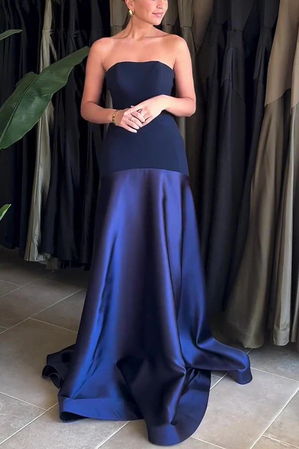 Blue low waist elegant and charming simple satin splicing tube top off shoulder flared dress long dress long ball gown evening dress party dress prom dress to impress nv2583