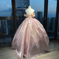 Light Pink Strapless Princess Evening Gown 3D Roses Lace Boned Shimmer Organza Big Ball Skirt Long Prom Dress  NV7021