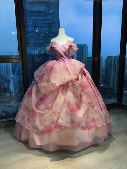 Pink Floral Print Off Shoulder Princess Evening Gown 3D Flowers Lace Boned Voluminous Ruffled Organza Skirt Long Prom Dress  NV7022