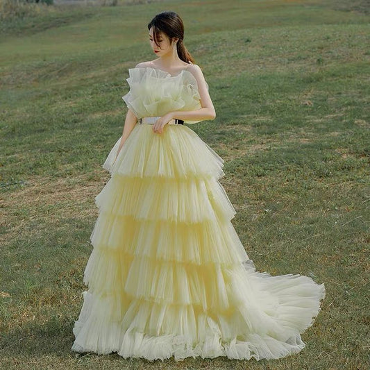 Lemon Yellow Off-the-shoulder Puff Sleeve Layered Tulle Long Ball Gown Evening Dress nv2836