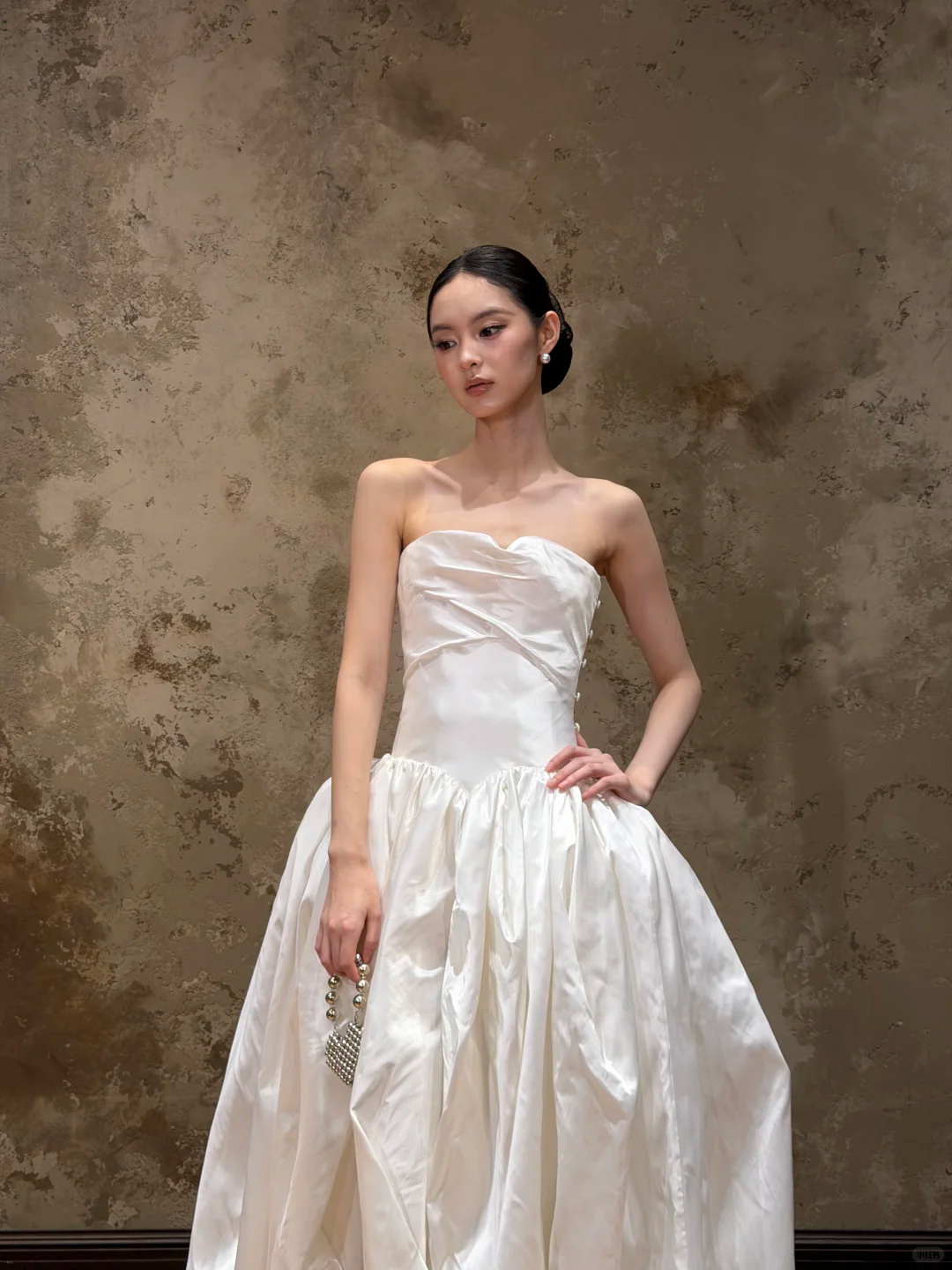 Ivory Strapless Twisted Draped Satin A-Line Wedding Gown  NV7194