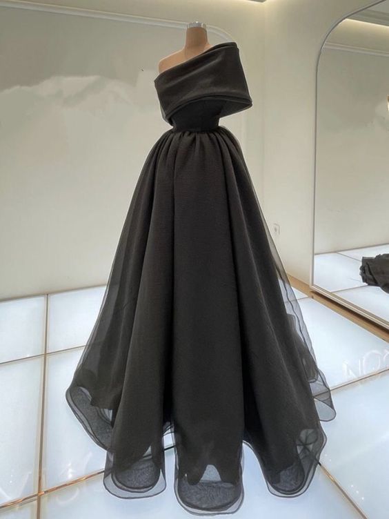 Black retro fashion one shoulder A-line floor-length satin tulle ball gown evening dress nv3606