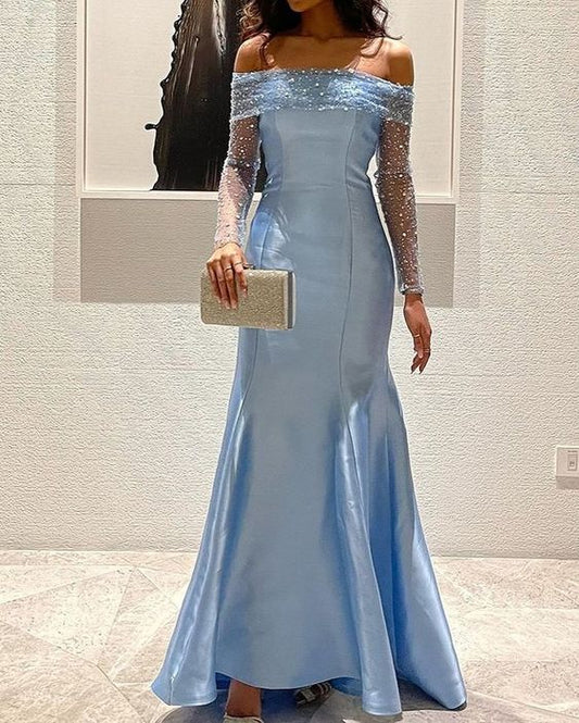 Blue Simple Fashion Elegant Shiny Mermaid Off-the-shoulder Long Sleeves Long Prom Dress Party Dress Evening Gown Sleeves with Sequins nv2556