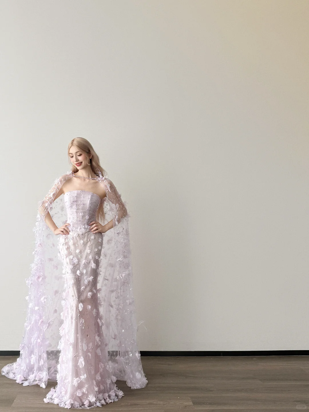 Strapless Lavender Mermaid Prom Dress With 3D Floral Cape  NV7119