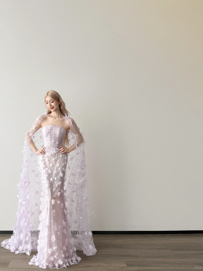 Strapless Lavender Mermaid Prom Dress With 3D Floral Cape  NV7119